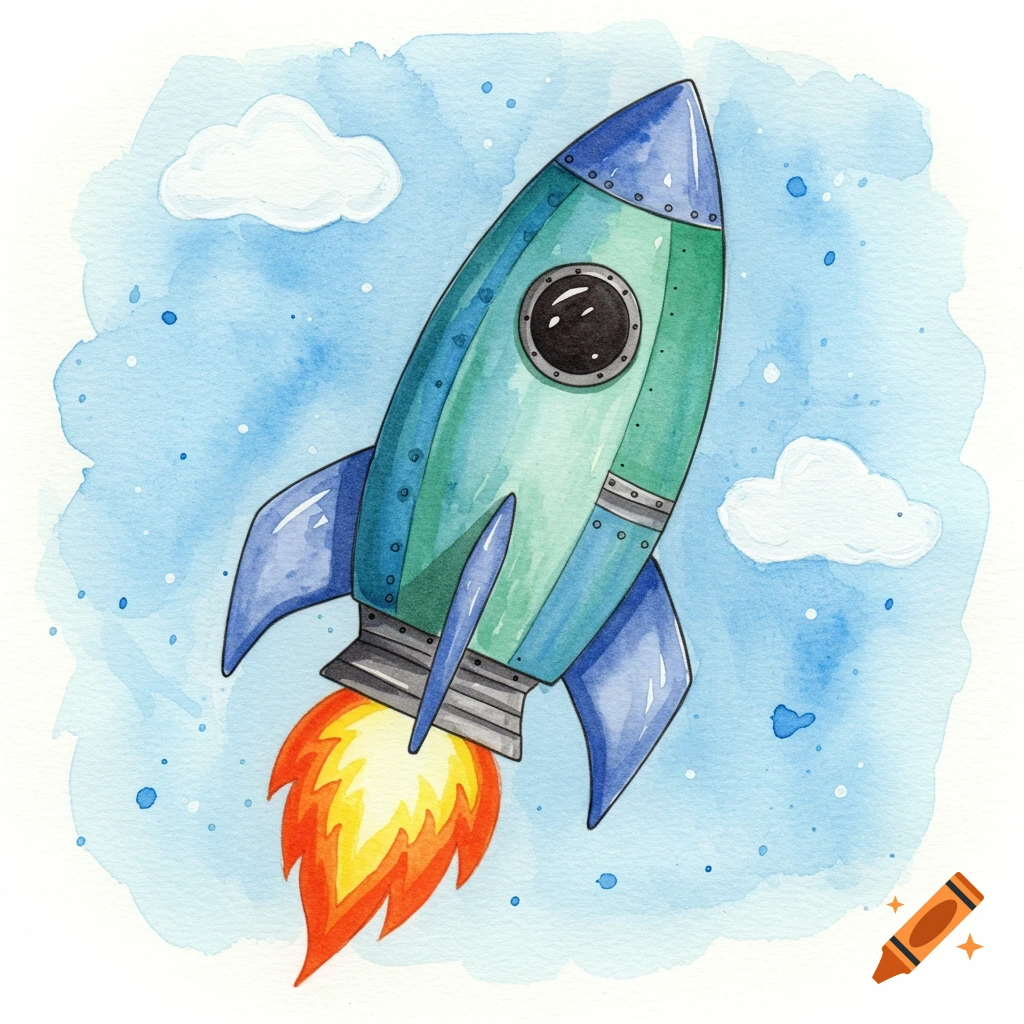 Watercolor illustration of a green and blue rocket ship flying in a blue sky with clouds.