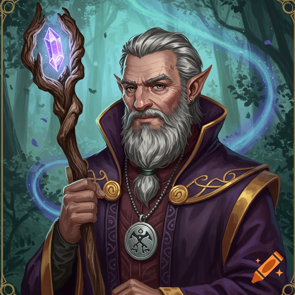 Portrait of a bearded elven wizard holding a staff in a forest
