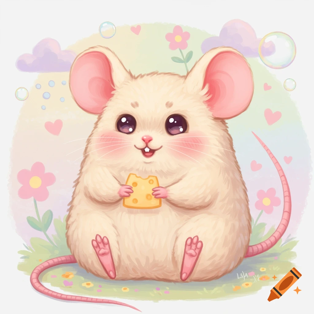 Cute watercolor illustration of a fluffy white mouse holding a piece of cheese in a field with flowers and bubbles.