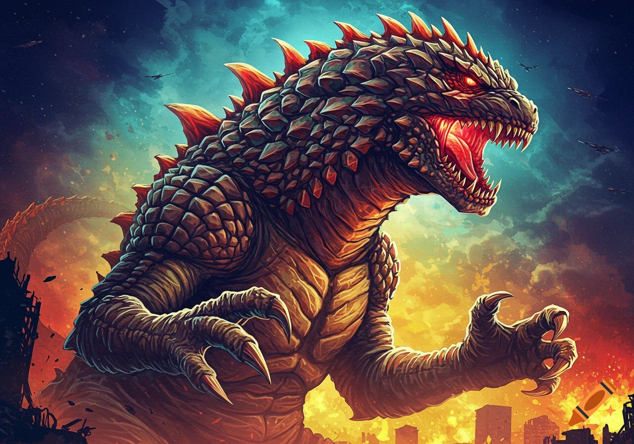 Giant kaiju monster with glowing eyes roars over a destroyed city during sunset or sunrise.
