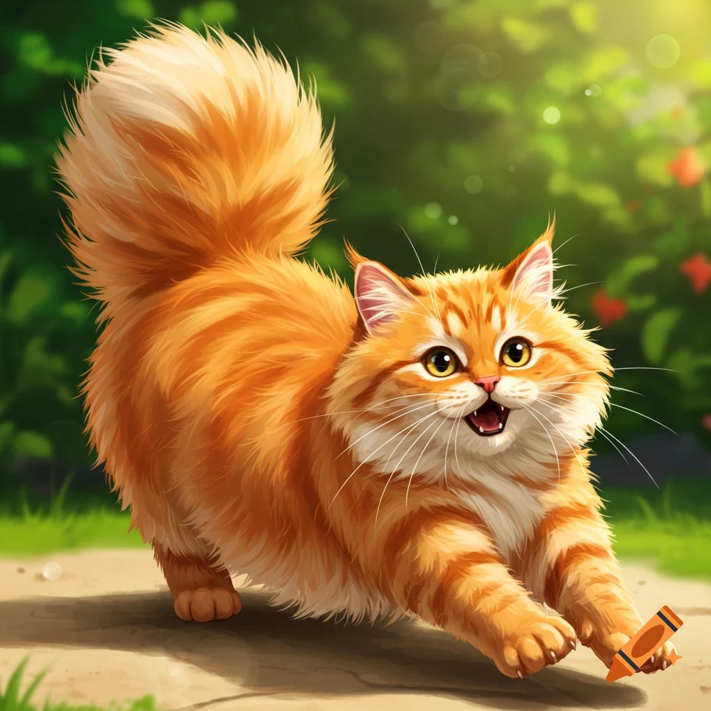 A fluffy orange cat crouches low outdoors, ready to pounce.