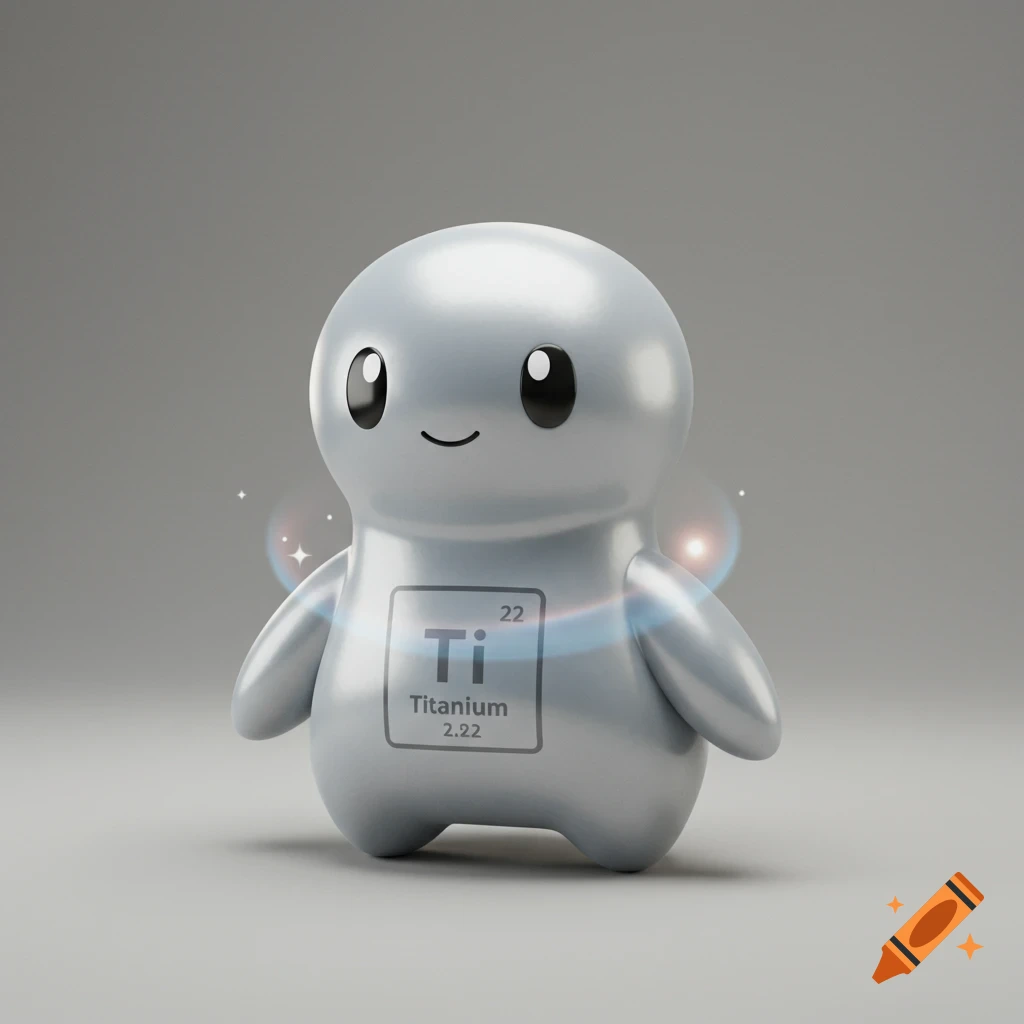 Shiny silver cartoon character with 'Ti Titanium 22' on its chest.