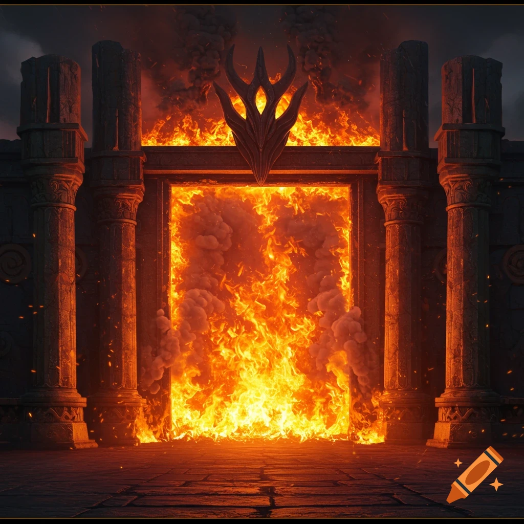 A large stone gateway surrounded by fire and smoke