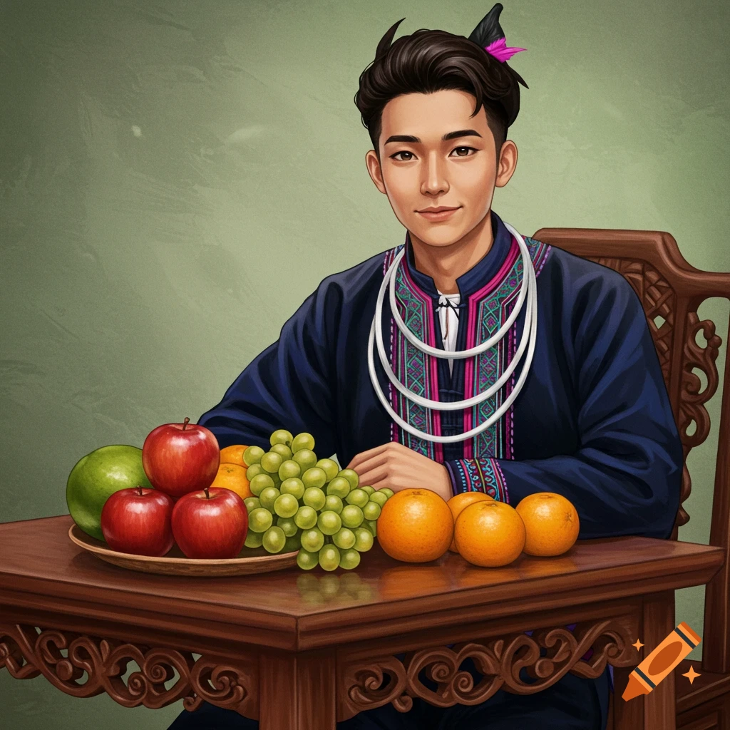 Stylized illustration of a Hmong man in traditional clothing sitting at a table with fruits.