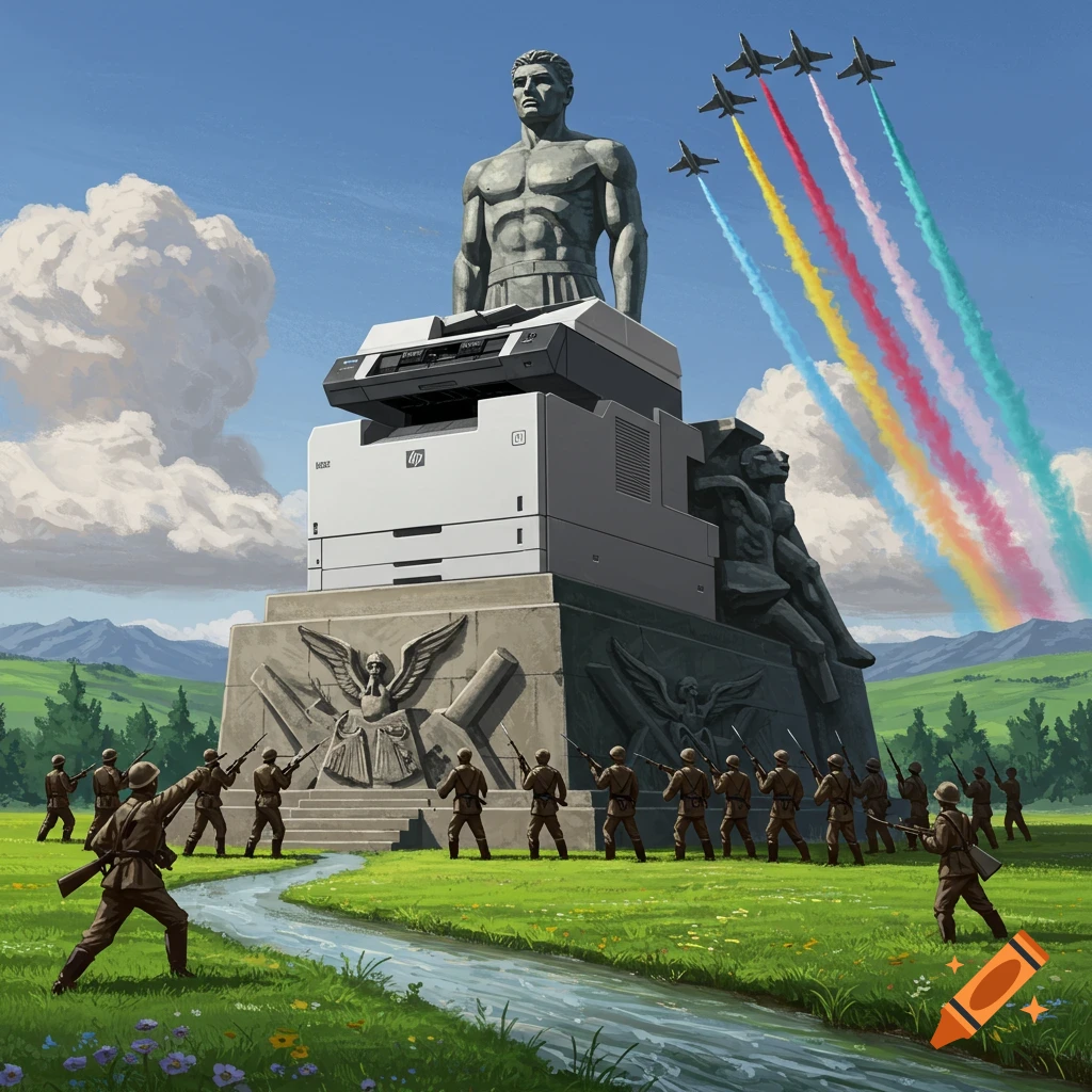 A surreal illustration of a muscular statue on an HP printer pedestal, surrounded by soldiers, with jets flying overhead leaving rainbow contrails.