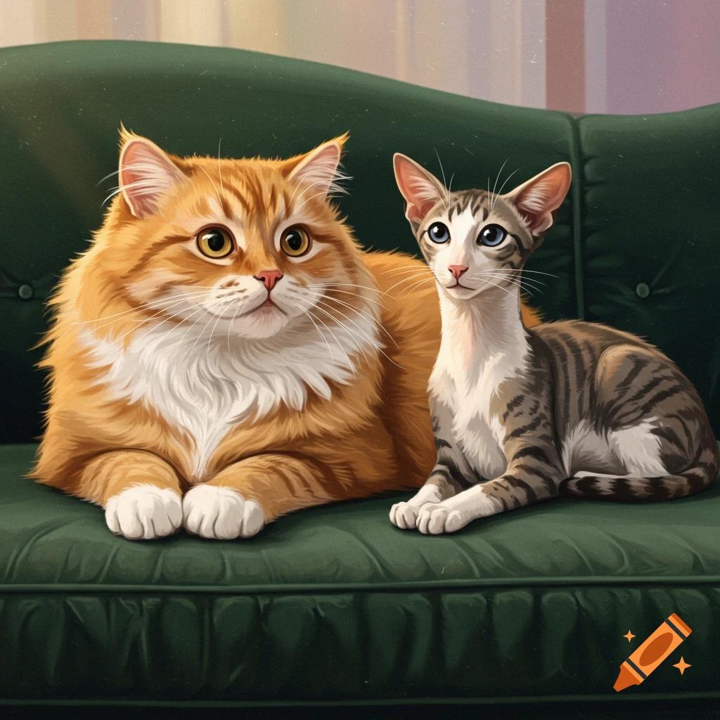 An orange fluffy cat and a striped tabby cat sit on a green couch.