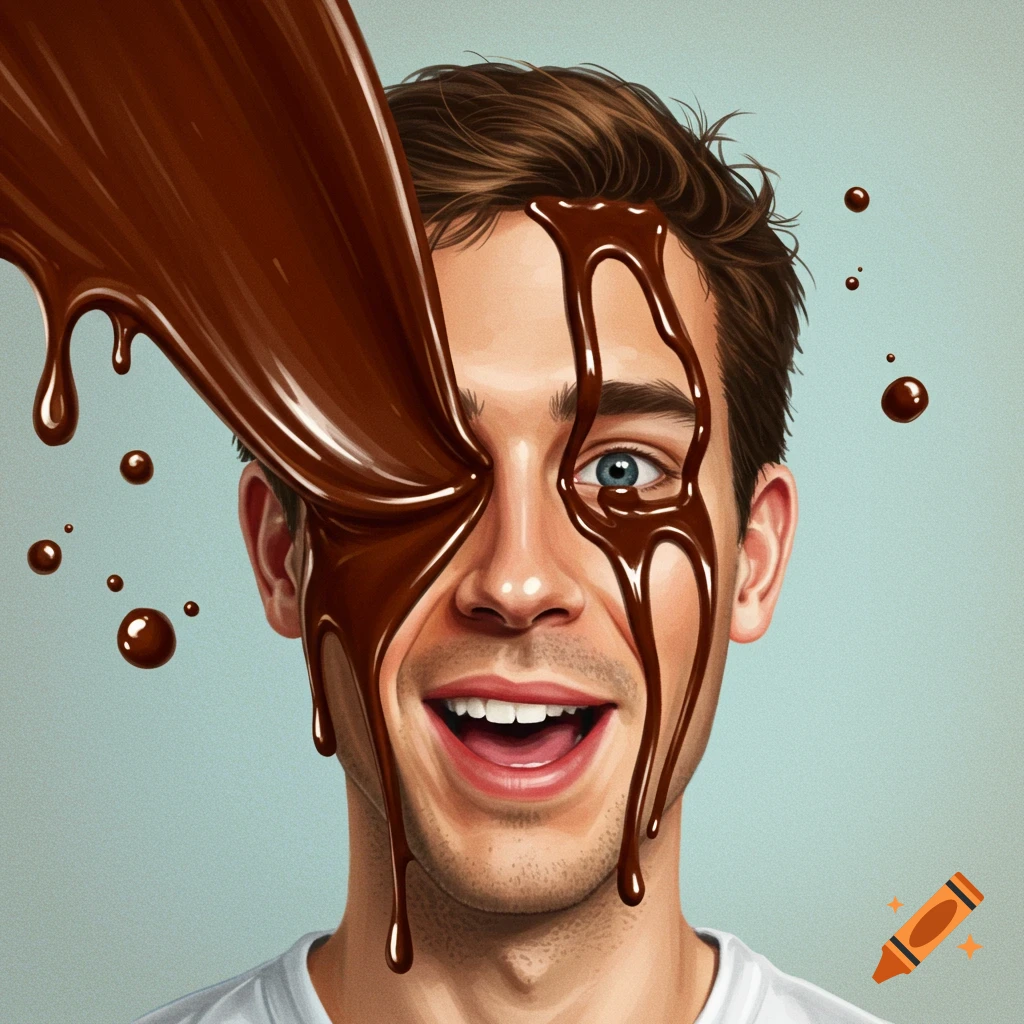 Close-up illustration of a man smiling as chocolate is poured over his face.