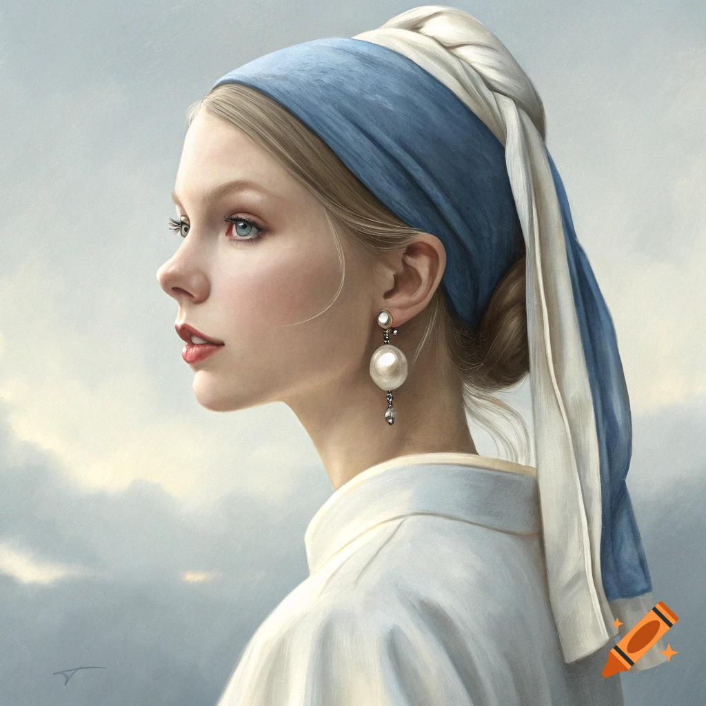 Painterly portrait of a young woman looking left, wearing a blue and white headscarf and a large pearl earring.