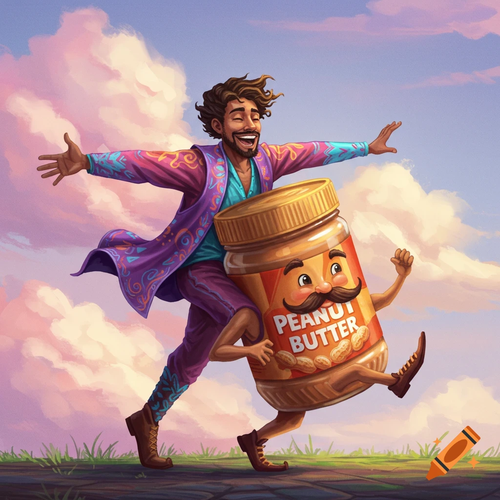 man dancing with goateed peanut butter jar