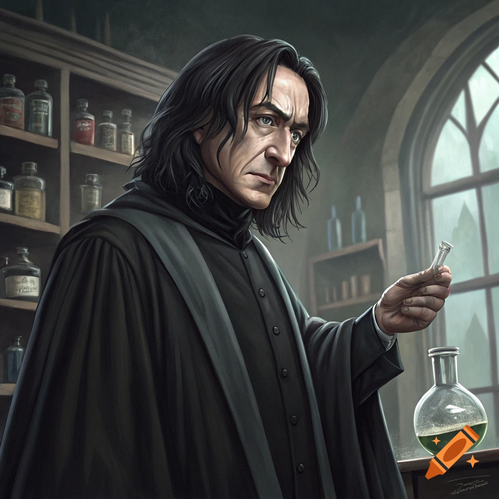 Illustration of a character resembling Professor Snape holding a vial in a potions lab.