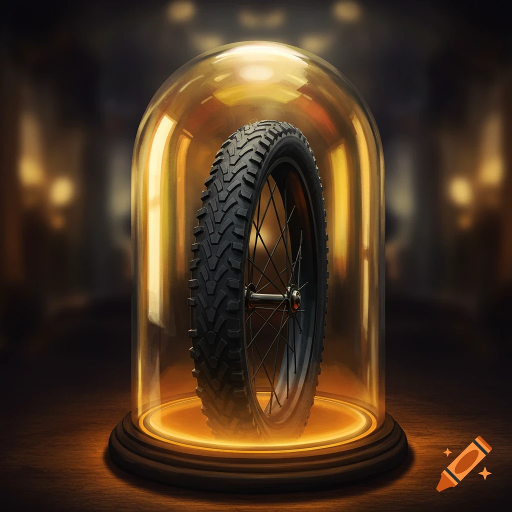 A bike tire is displayed inside a glass dome with a glowing base on a wooden surface.