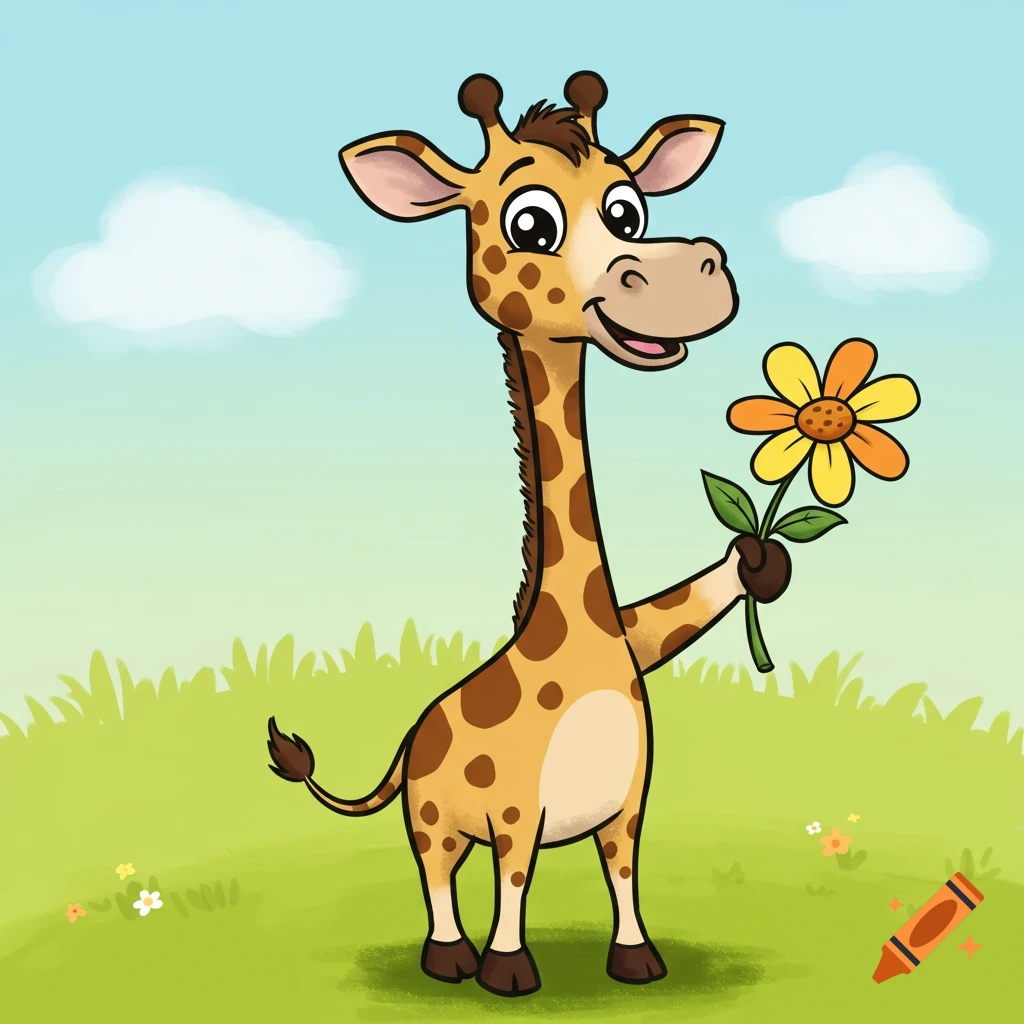 A happy cartoon giraffe stands in a field holding an orange and yellow flower.