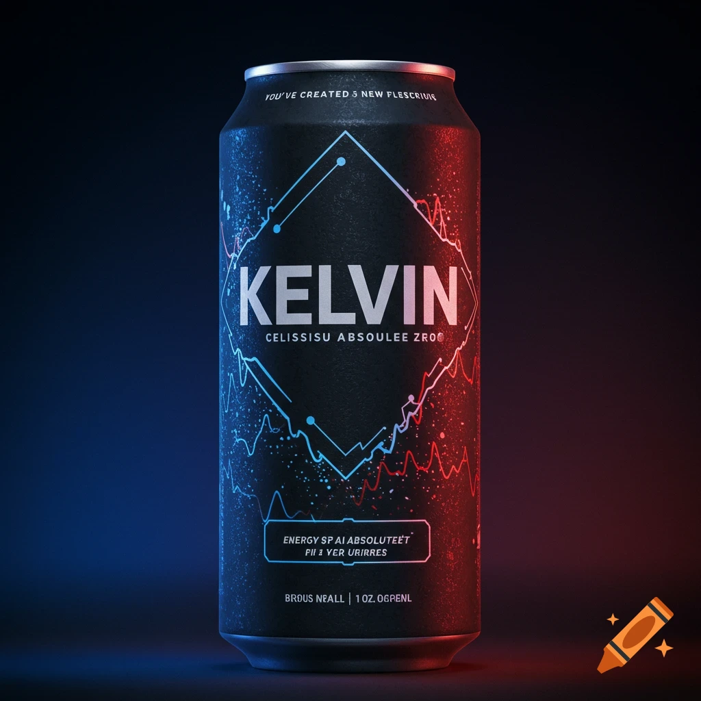 Matte black can with neon blue and red graphics, branded Kelvin, in a product photo style.