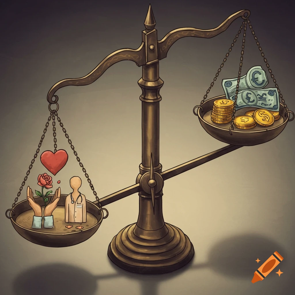 Illustration of a balance scale weighing healthcare symbols (heart, hands, doctor) against money (coins, banknotes).