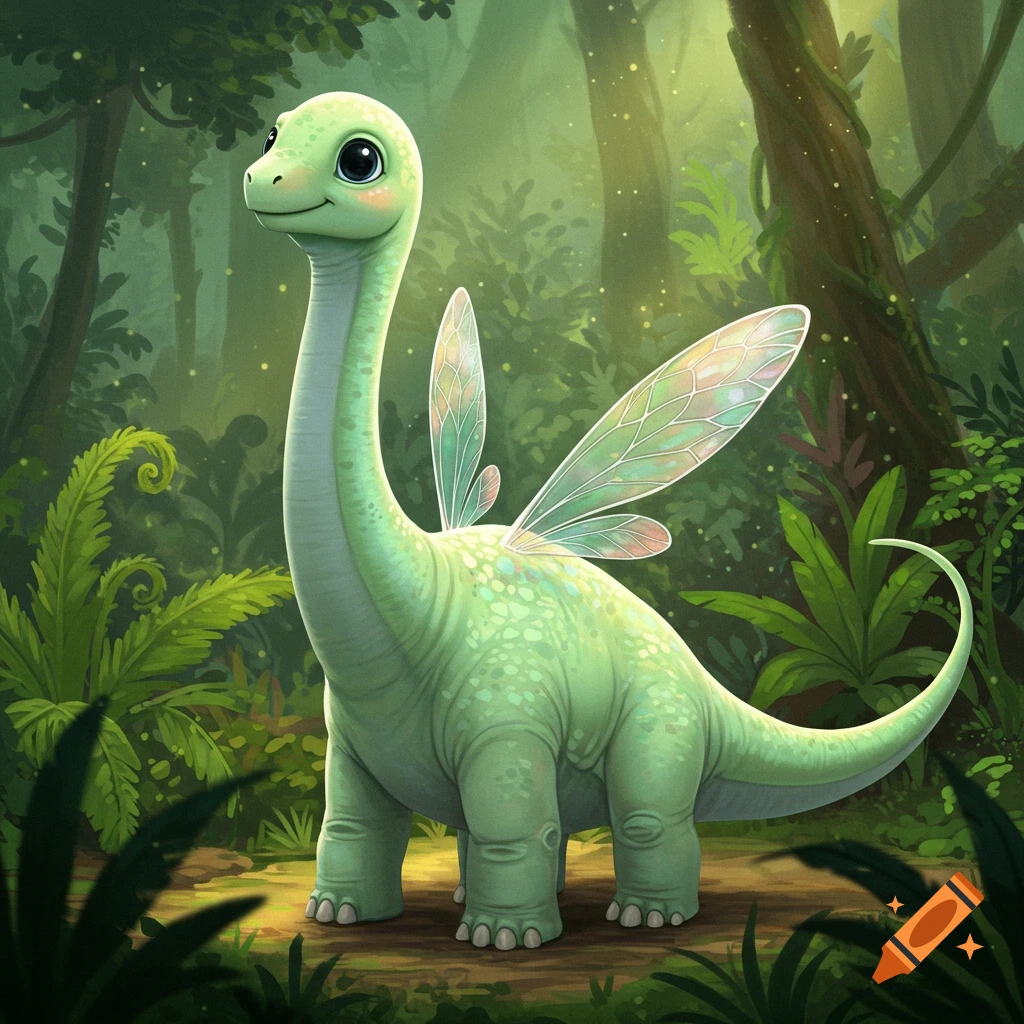 Cute light green brontosaurus with small fairy wings standing in a forest illustration.
