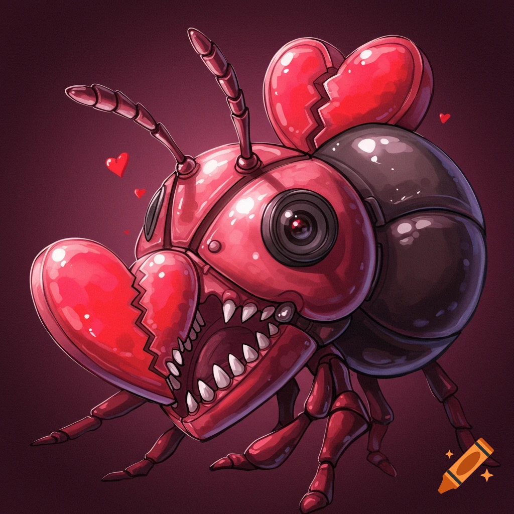 A manga-style red creature with a broken heart mouth, camera lens eye, and heart-shaped antennae.