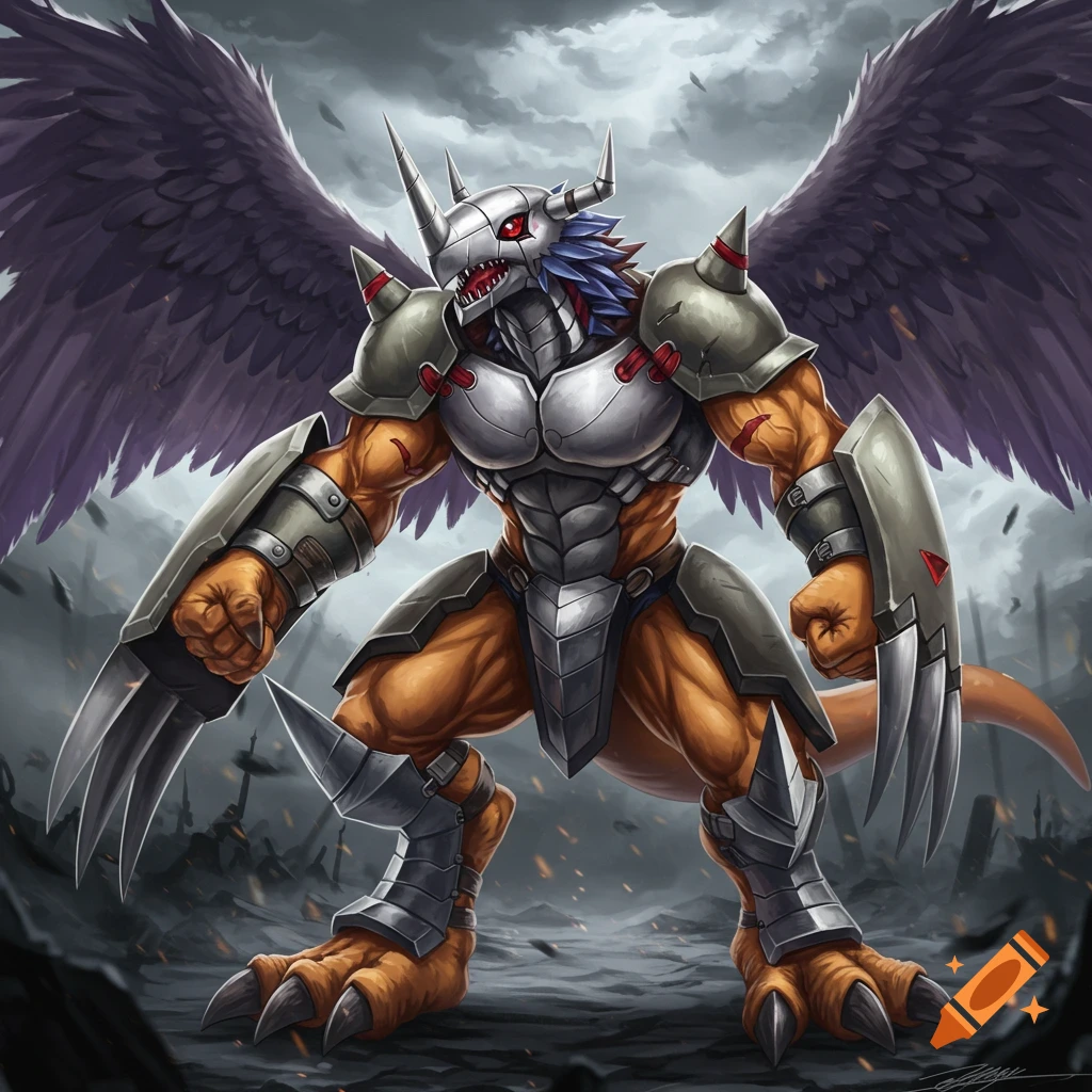 WarGreymon, a winged Digimon in silver armor, stands in a ruined landscape in a realistic style.