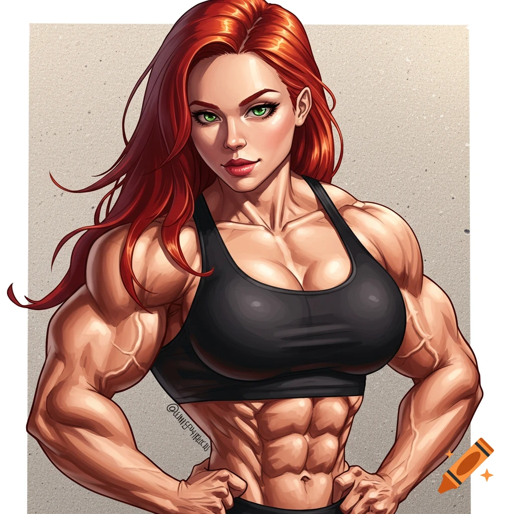 Illustration of a muscular woman in a black sports bra posing and flexing her muscles.