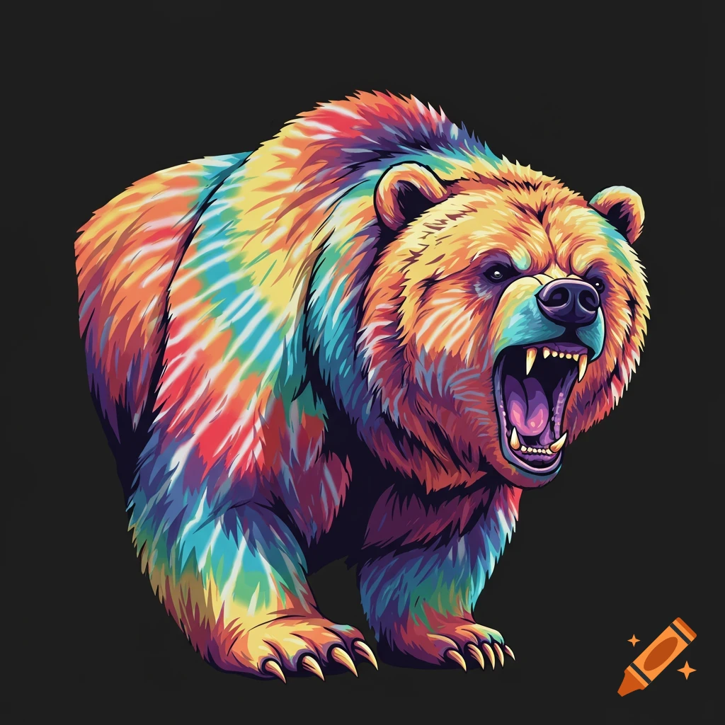 A stylized grizzly bear with tie-dye colored fur is depicted in vector art style, growling with its mouth open.
