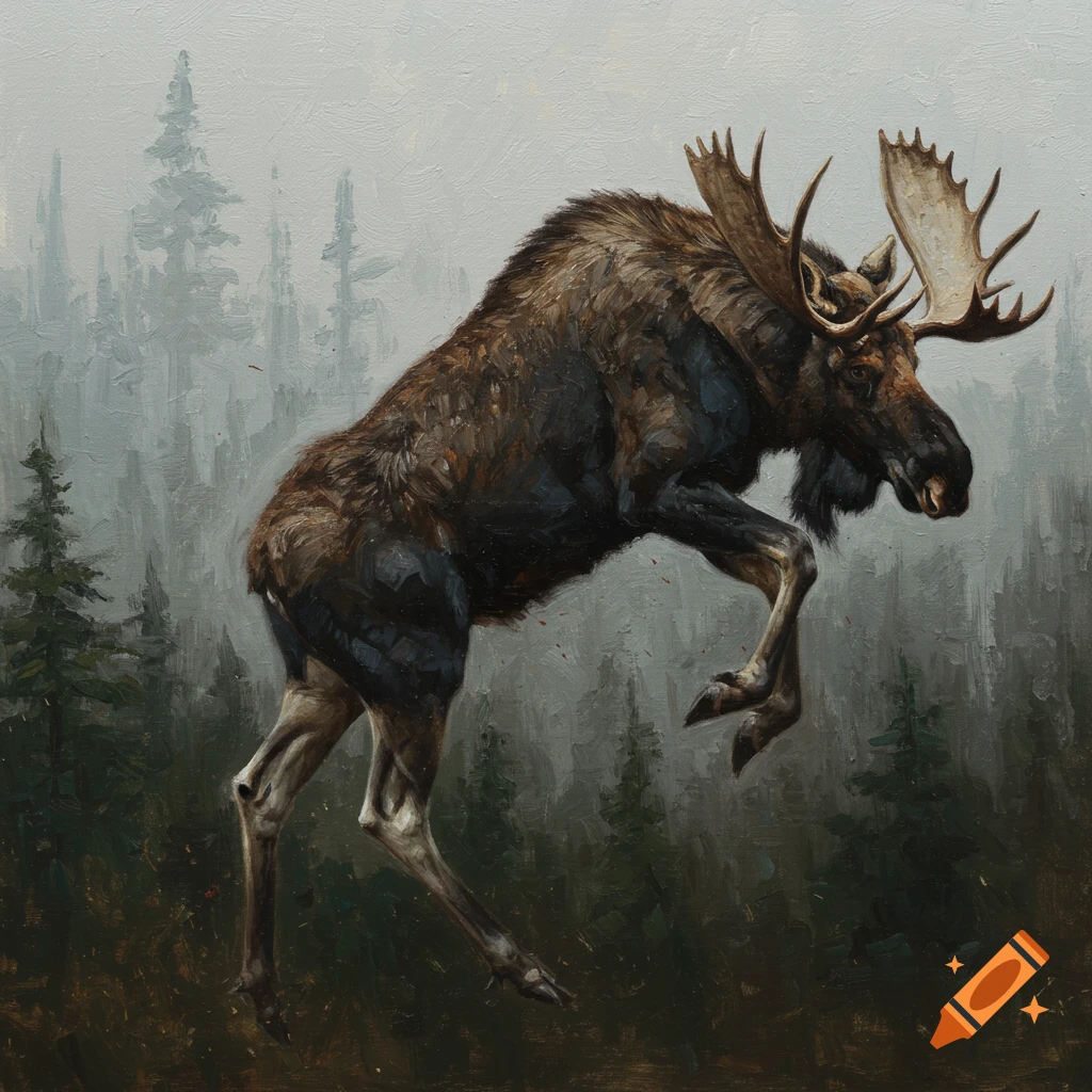 Painting of a large moose jumping in a forest