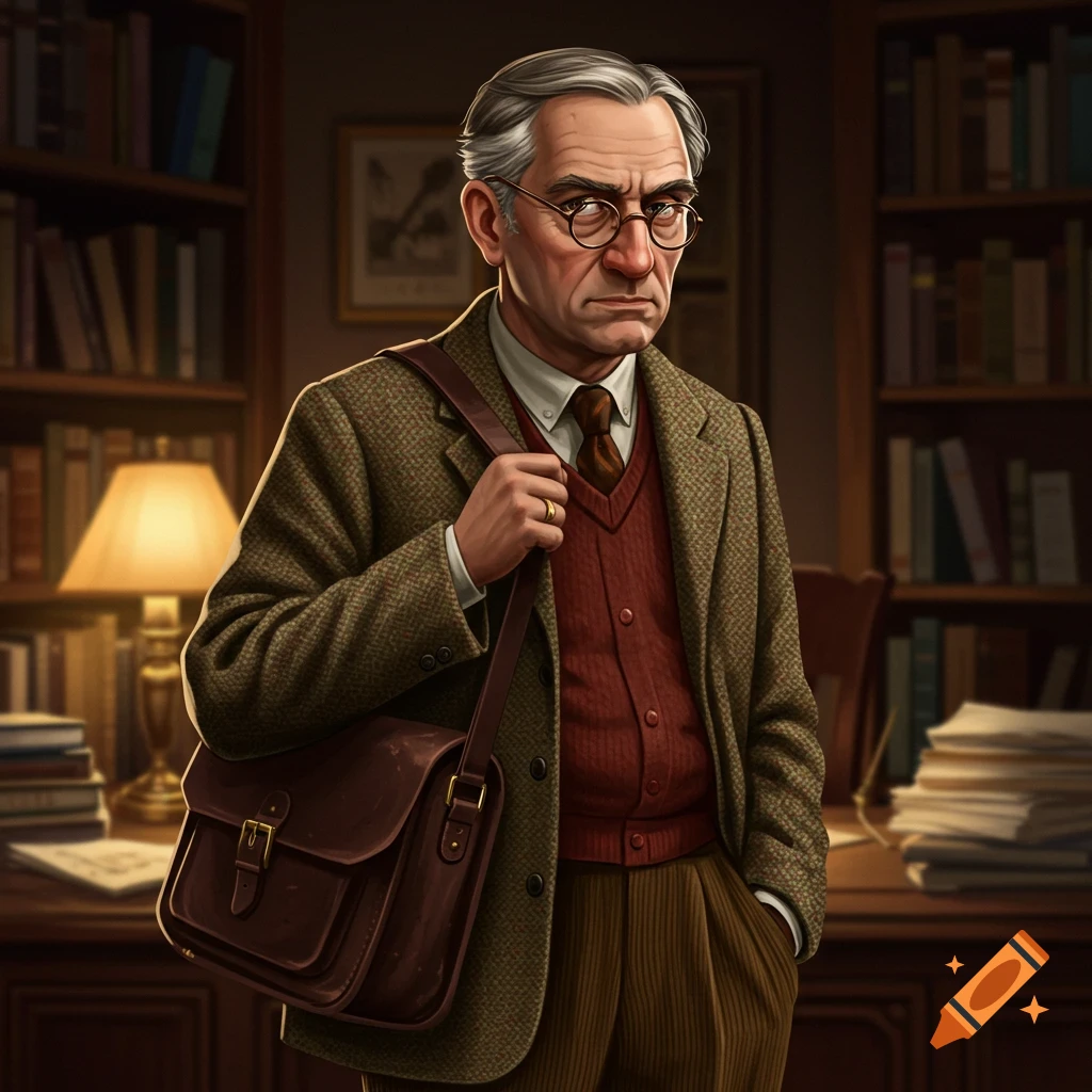 Grumpy middle-aged professor with satchel in a library setting.