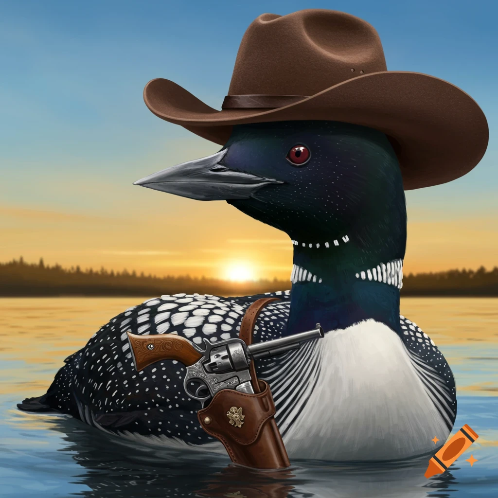 Loon wearing a cowboy hat with a six shooter