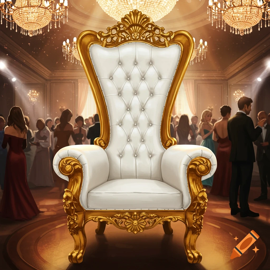 White and gold throne chair in the foreground with people at a fancy party in the background.