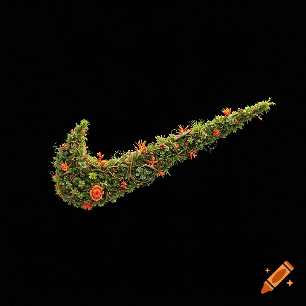 A Nike swoosh logo is formed entirely out of green plants, leaves, vines, and orange and red flowers, set against a black background.
