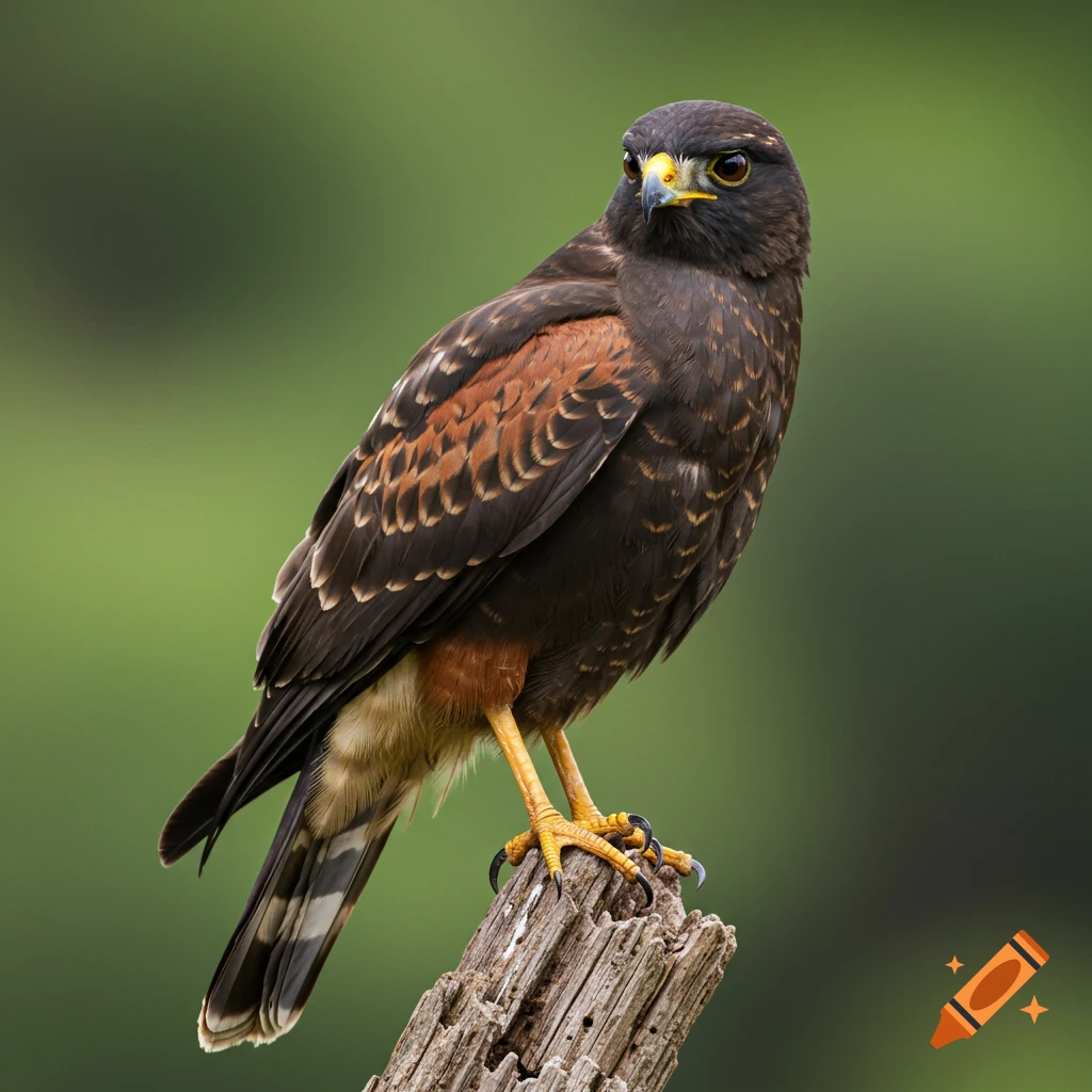 A hawk perches on a dead tree stump, looking to the right. Its dark brown feathers are edged with rust color on its wings.