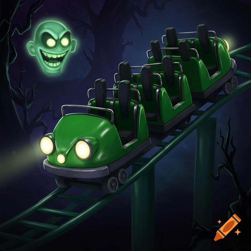 Green roller coaster car and glowing ghost face on a spooky track at night.