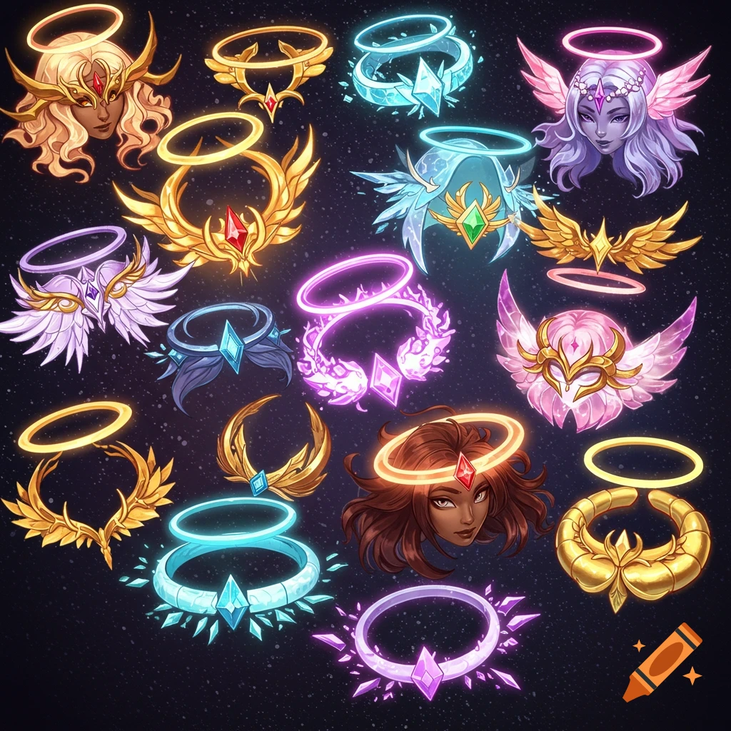 A collage of stylized fantasy halos and headpieces with gems, wings, and faces on a dark, starry background.