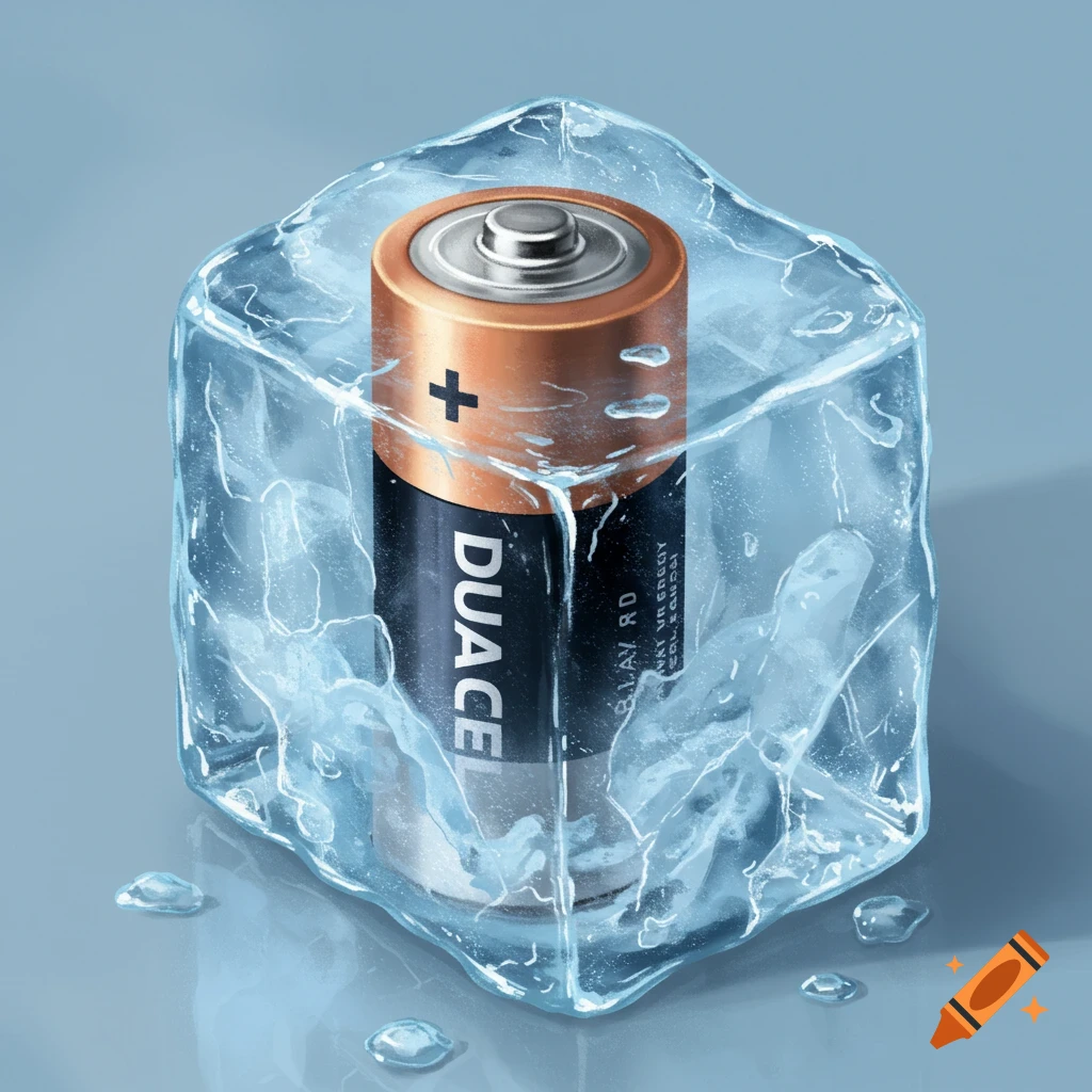 A battery encased in a clear block of ice with water droplets around it.