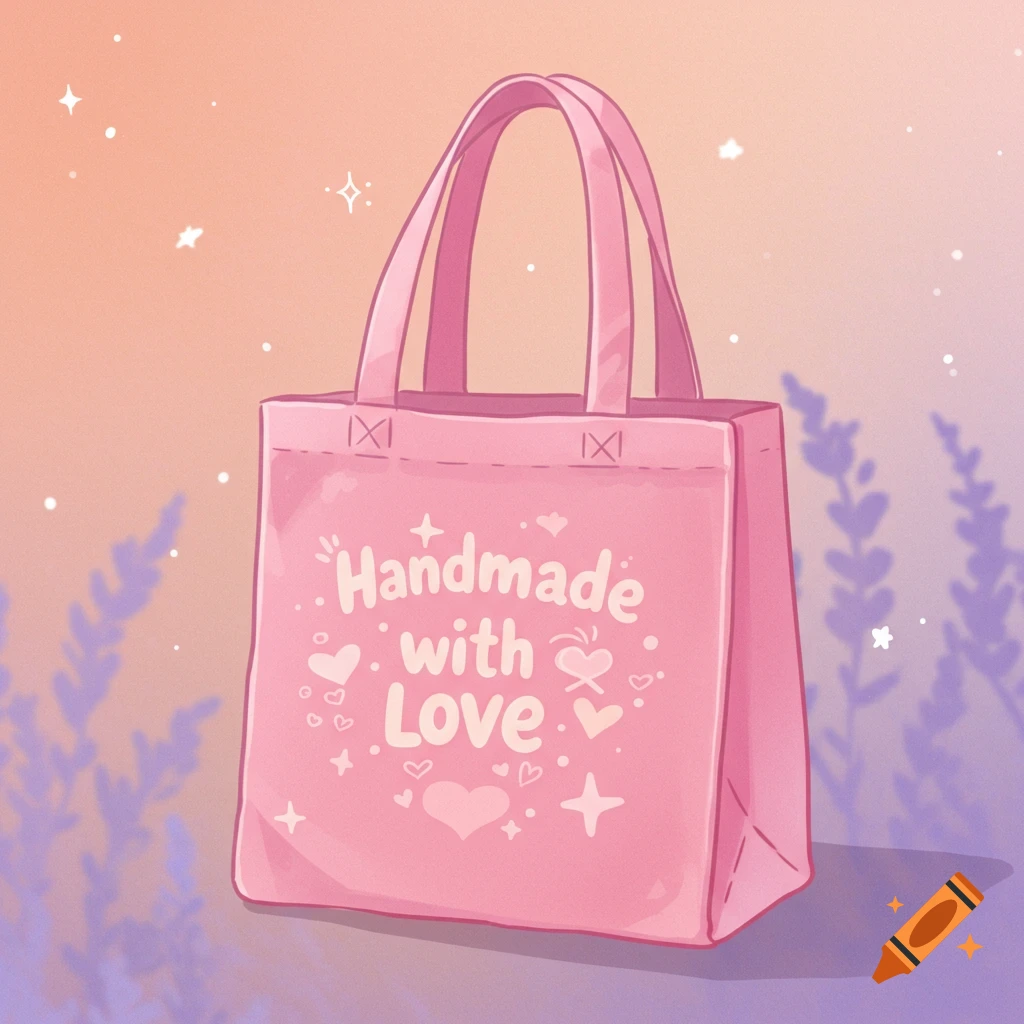 Cute pink tote bag illustration with 'Handmade with Love' text and hearts.