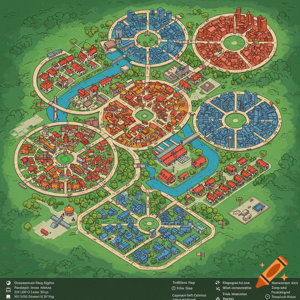 Illustrated map of a circular city with different districts.