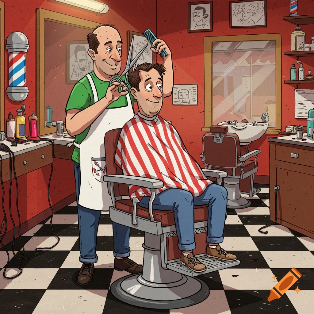 A cartoon barber cuts a man's hair in a barbershop.