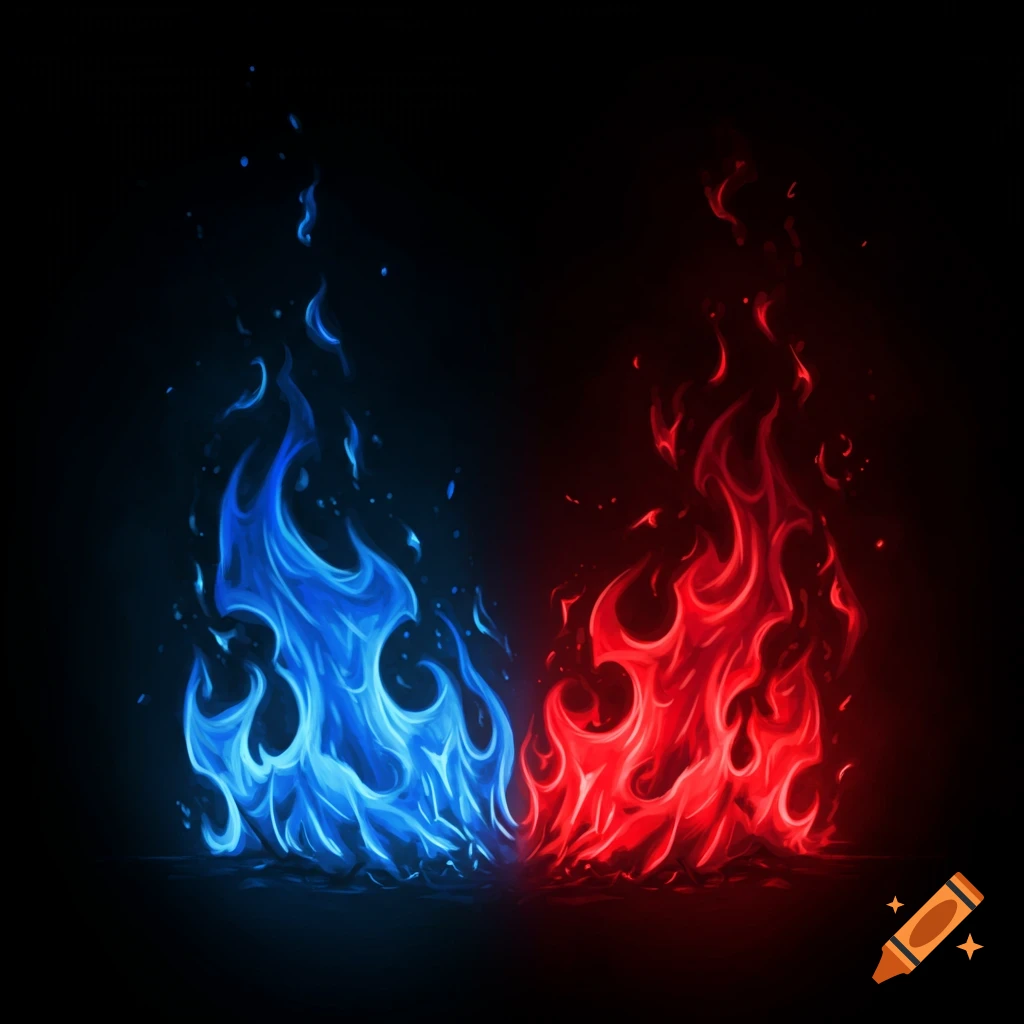 Blue and red fire on black background, realistic