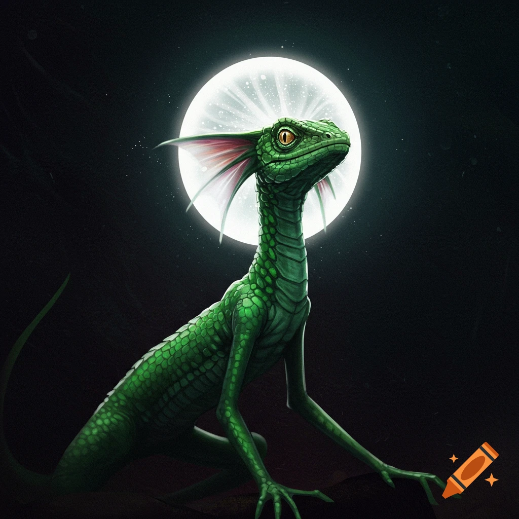 Reptilian creature with lizard head and white fin