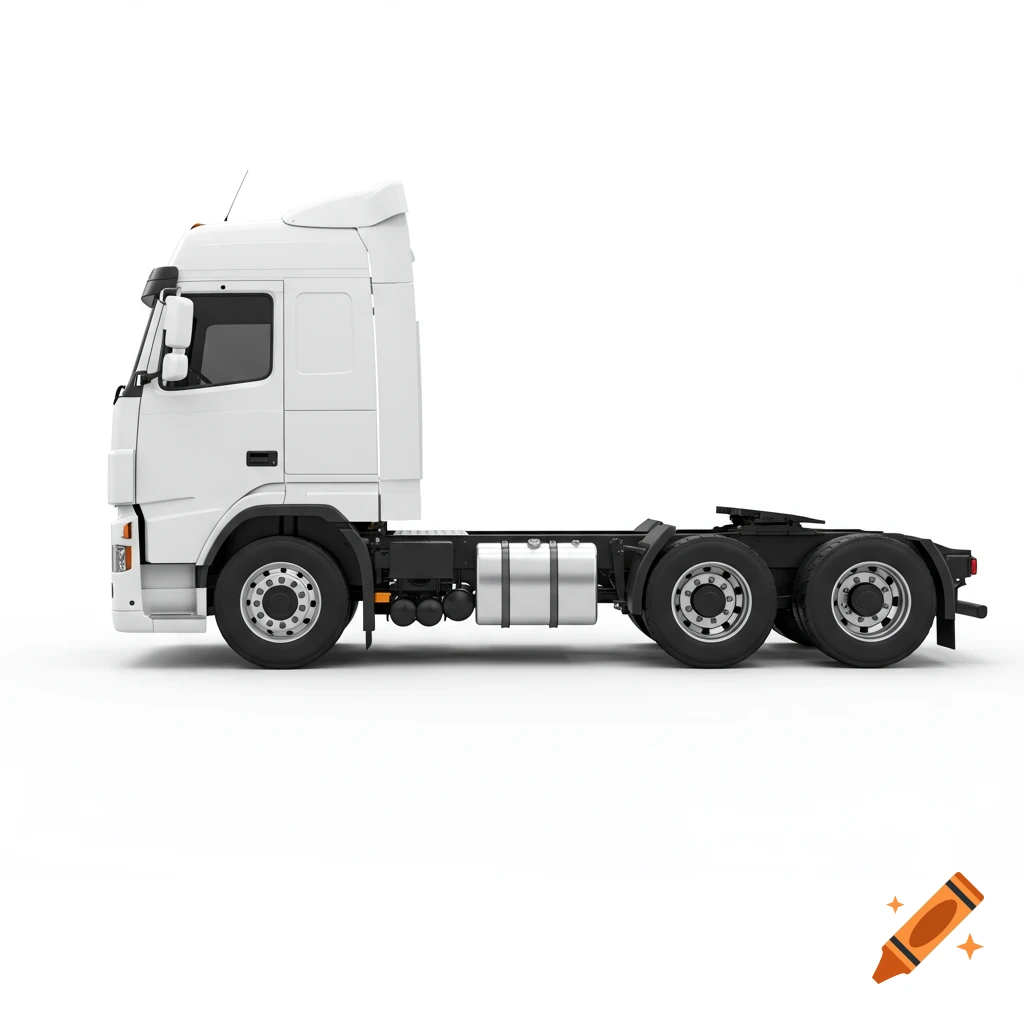 Side view of a white semi-truck tractor on a white background.