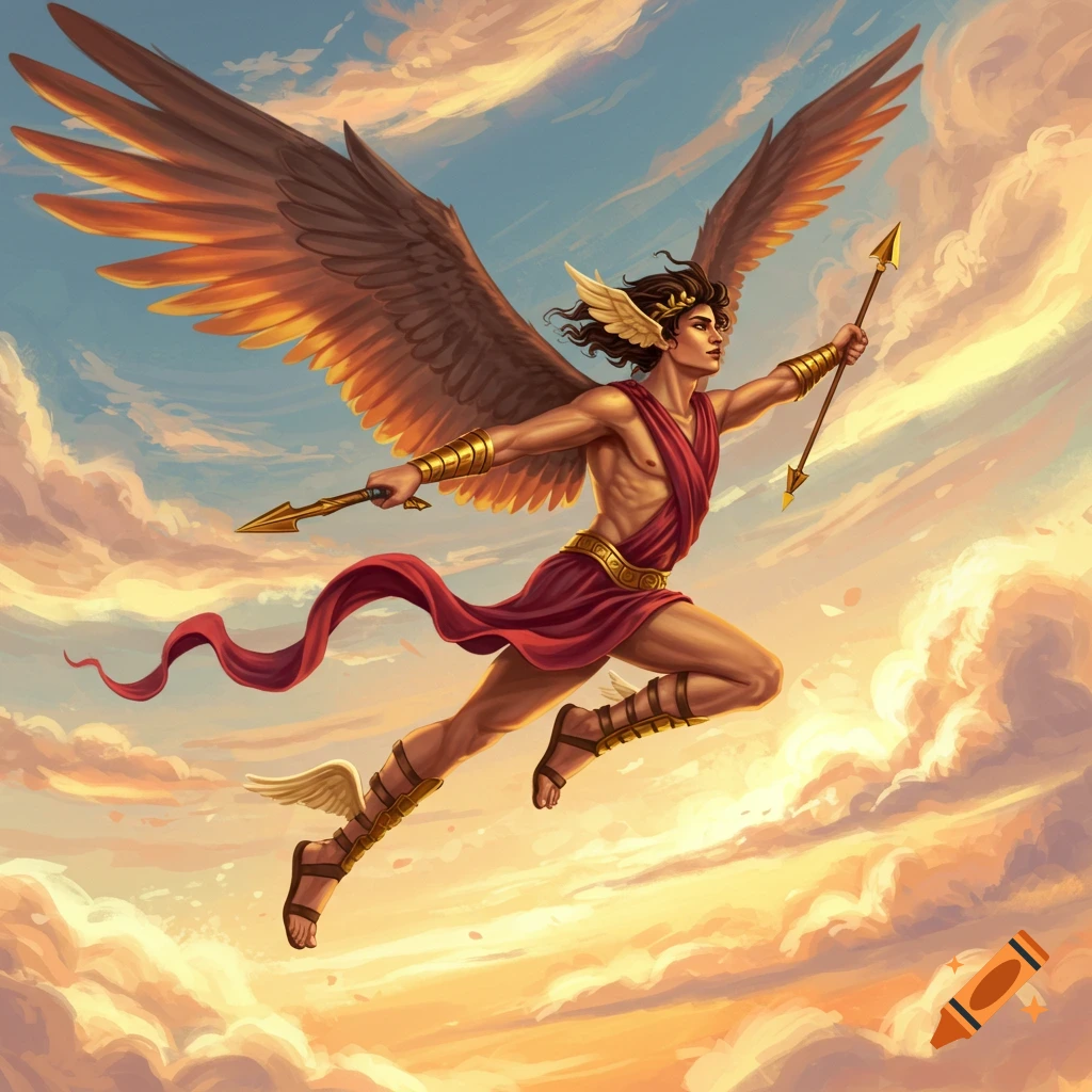 A winged figure resembling a Greek god flies through a cloudy sky, holding a bow and arrow, in a painterly style.