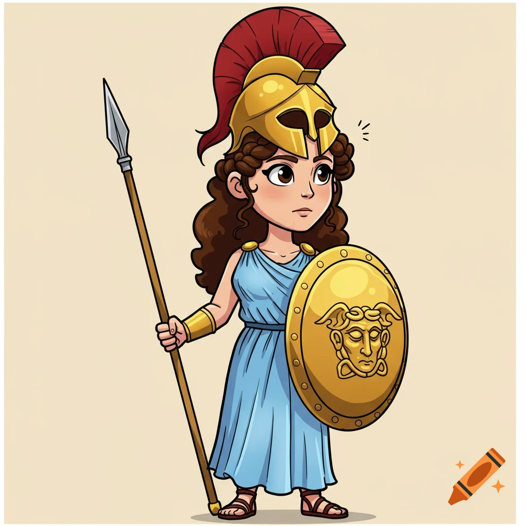 Cartoon drawing of the Greek goddess Athena holding a spear and shield.