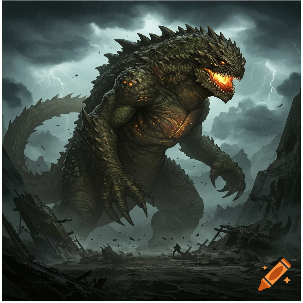 Giant monster in a ruined city during a lightning storm.