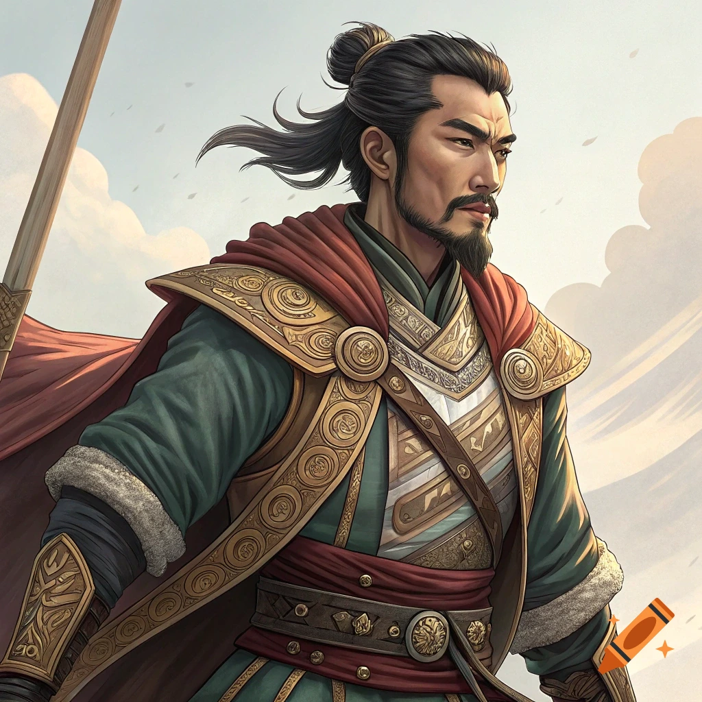 Portrait of a man in ancient Chinese-style armor and cape, holding a spear, with a topknot and beard.
