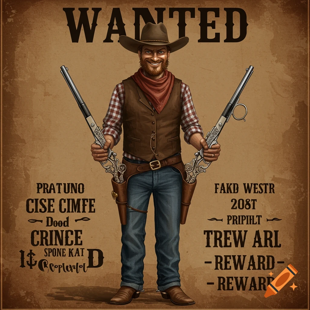 Wanted poster of a cowboy with scissors