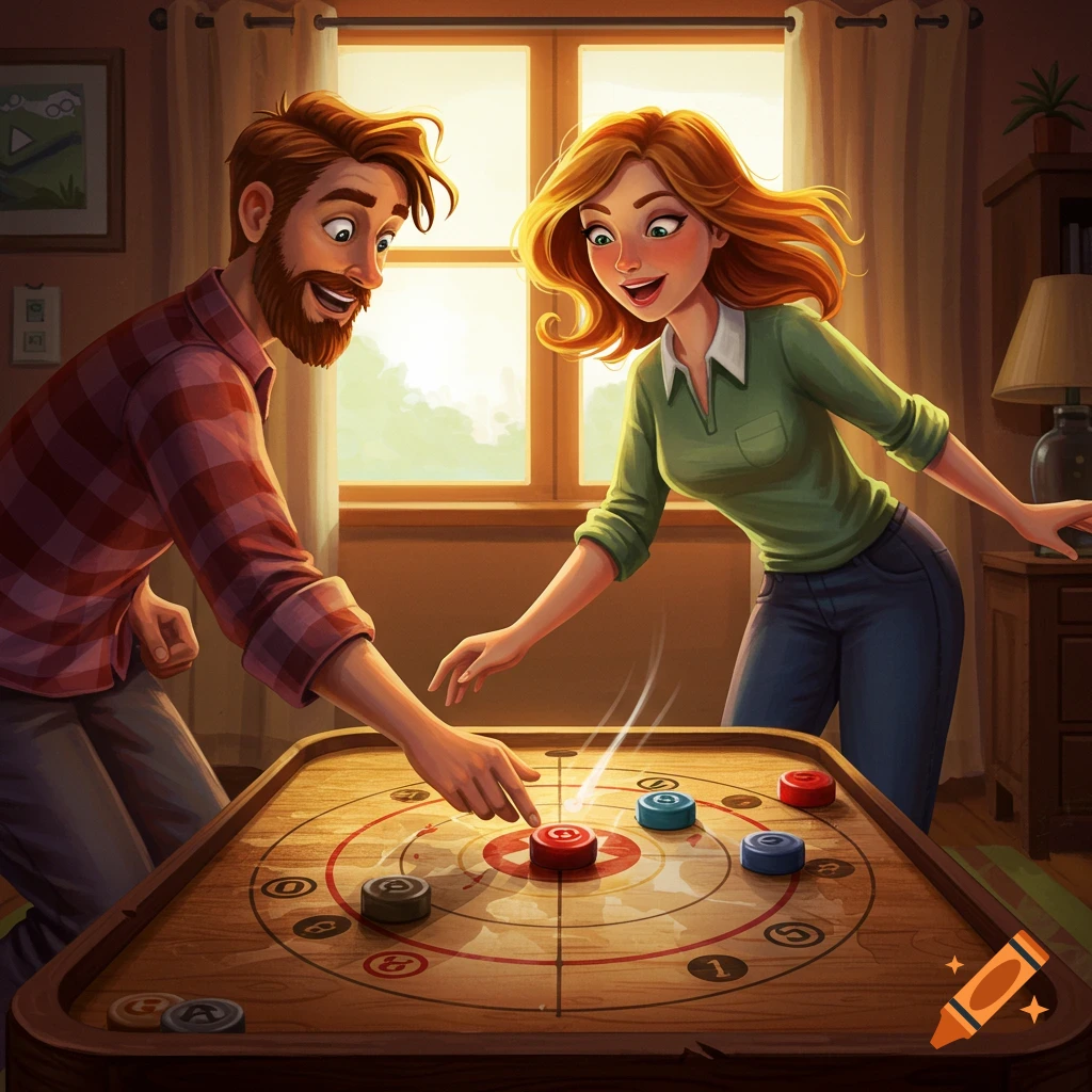 A man and woman play a game of crokinole indoors in a stylized illustration.