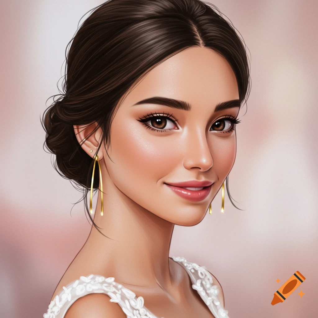Portrait of a woman with dark hair bun, brown eyes, gold earrings, white wedding dress in illustration style.