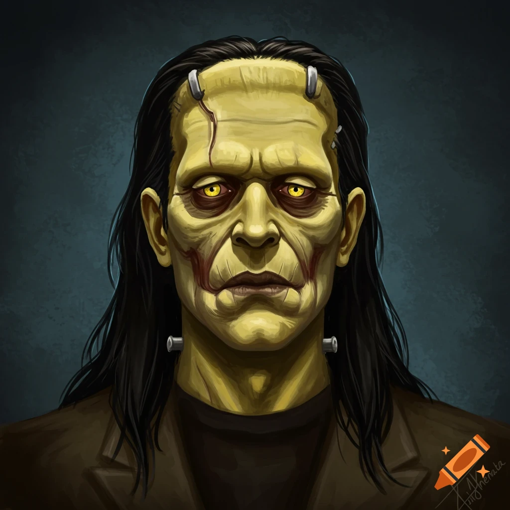 Frankenstein's monster with yellow eyes, scars, and neck bolts.