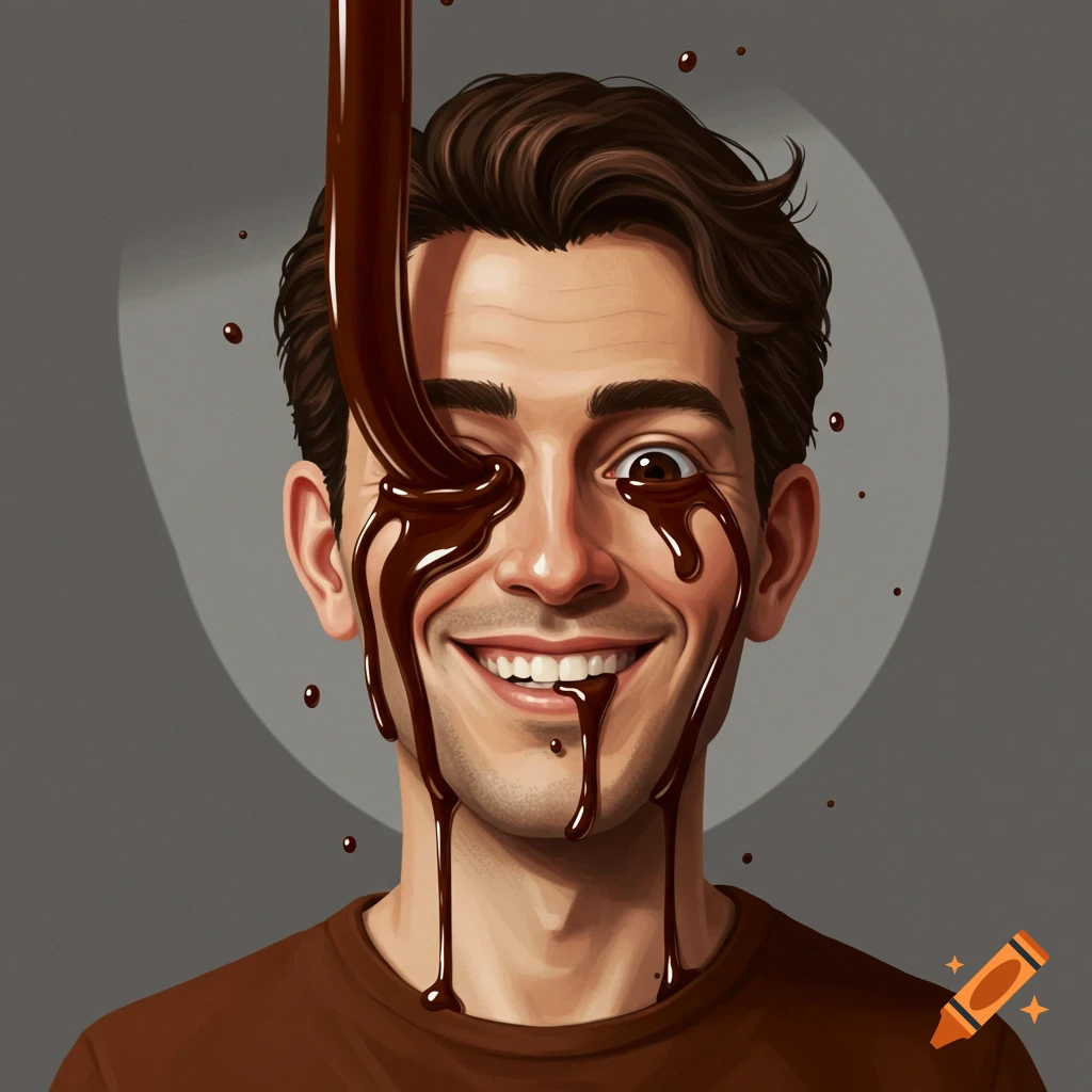 Illustration of a smiling man with chocolate pouring into and dripping from his eyes.