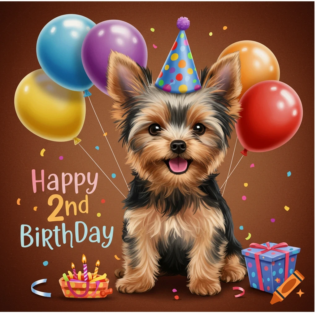 A Yorkshire Terrier dog wearing a party hat sits with balloons, a gift, and a cake, with 'Happy 2nd Birthday' text.