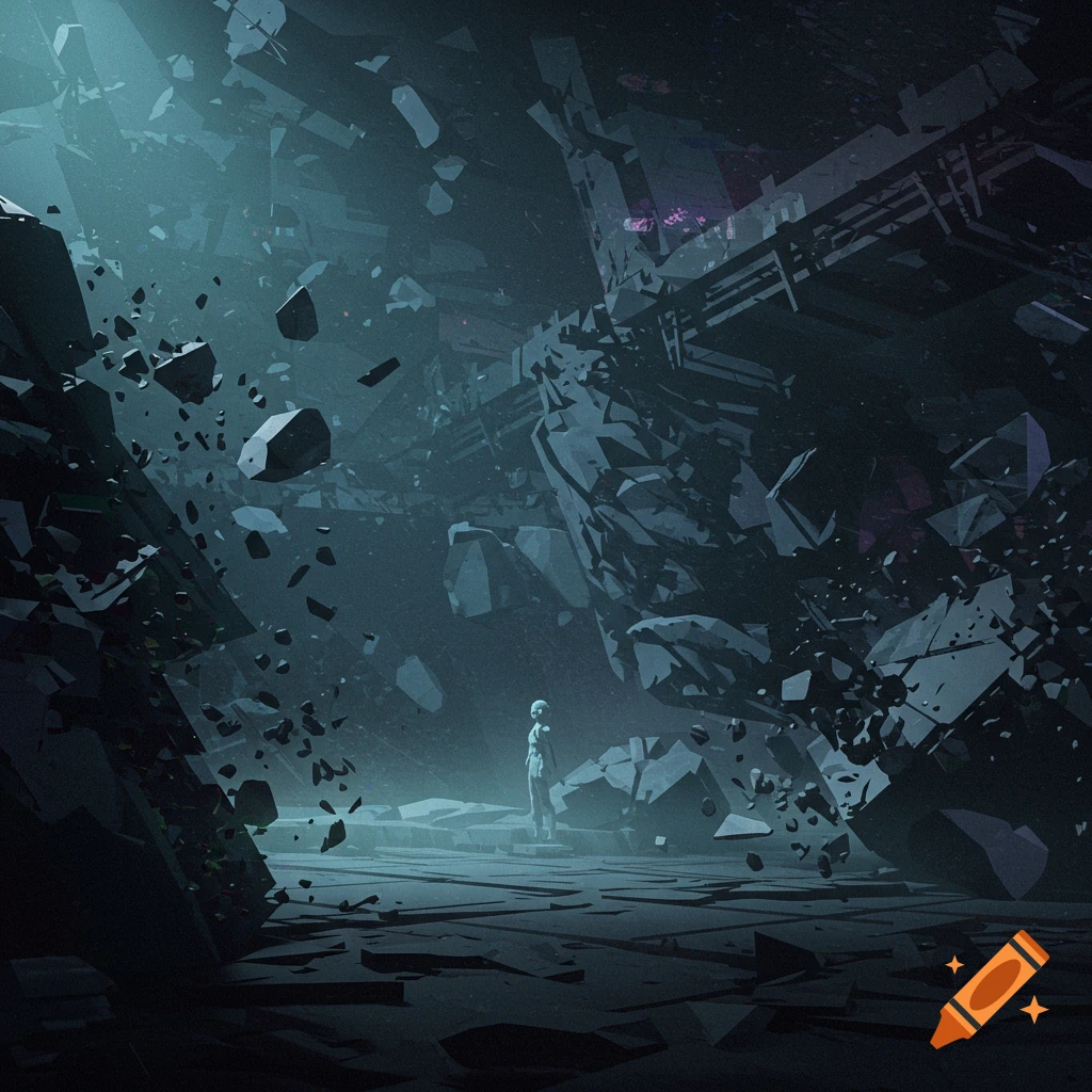 A small figure stands in a dark, atmospheric scene of floating, broken geometric shapes and rubble.