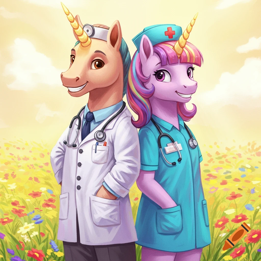 Unicorn doctor and nurse standing back to back in a flower field.